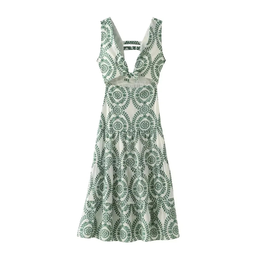 TRAFZA Women Fashion Embroidery Dress Sexy Hollow Out V Neck Backless Sleeveless Dresses Summer Woman A Line Long Dress Y2K