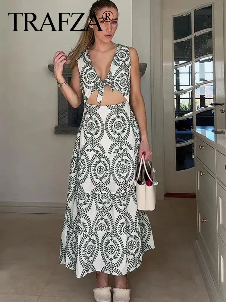 TRAFZA Women Fashion Embroidery Dress Sexy Hollow Out V Neck Backless Sleeveless Dresses Summer Woman A Line Long Dress Y2K