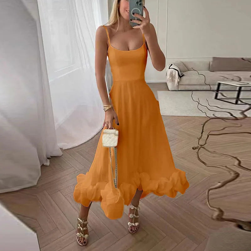 Sexy Suspender Backless Women Party Long Dress Fashion Sleeveless Big Hem Ruffle Dress Ladies Elegant O-neck Solid Slim Dresses