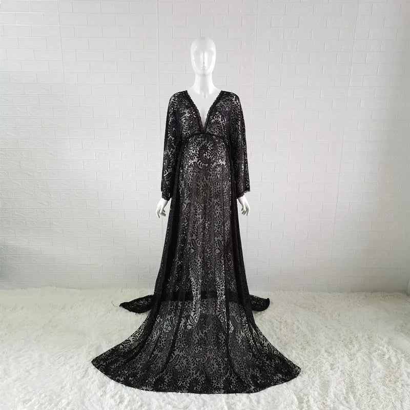 Bohemian Lace Maternity Photo Shoot Long Dresses Sides Slit Pregnant Woman Photography Clothes Long Dress See Through