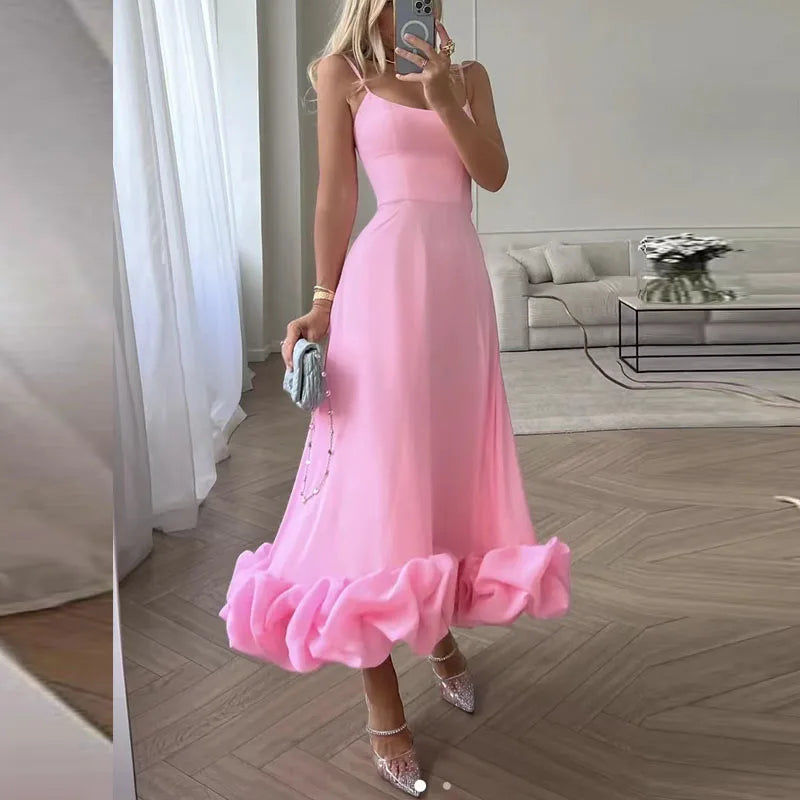 Sexy Suspender Backless Women Party Long Dress Fashion Sleeveless Big Hem Ruffle Dress Ladies Elegant O-neck Solid Slim Dresses
