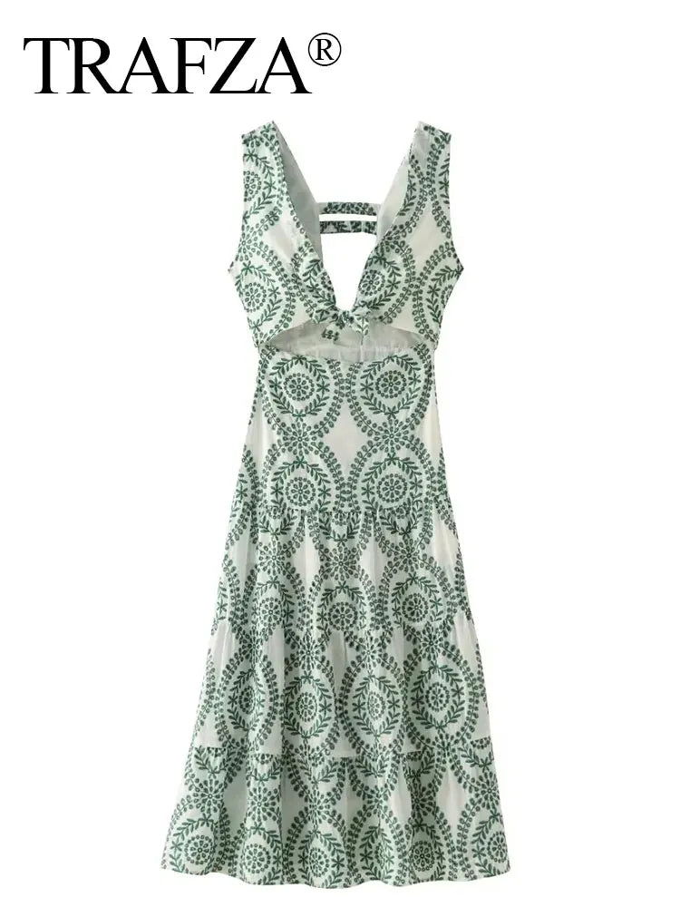 TRAFZA Women Fashion Embroidery Dress Sexy Hollow Out V Neck Backless Sleeveless Dresses Summer Woman A Line Long Dress Y2K