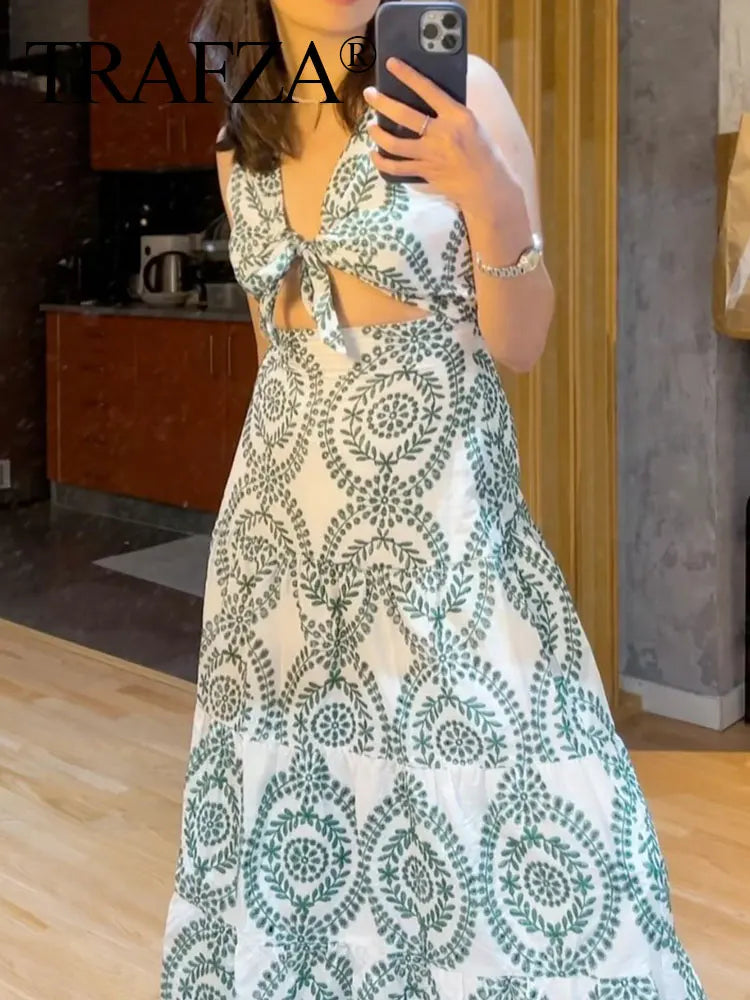 TRAFZA Women Fashion Embroidery Dress Sexy Hollow Out V Neck Backless Sleeveless Dresses Summer Woman A Line Long Dress Y2K