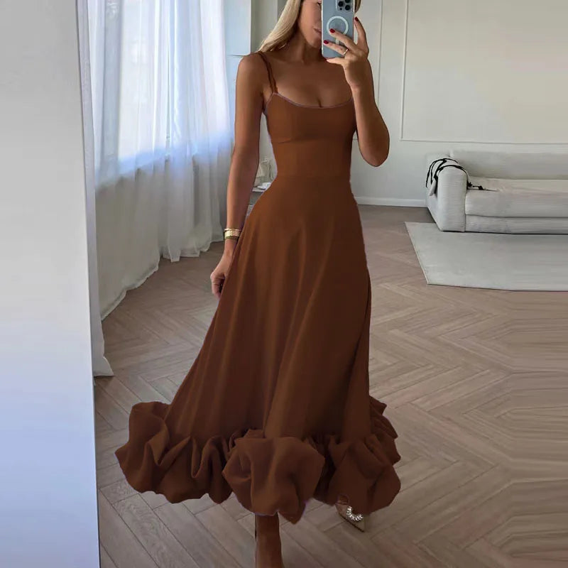Sexy Suspender Backless Women Party Long Dress Fashion Sleeveless Big Hem Ruffle Dress Ladies Elegant O-neck Solid Slim Dresses