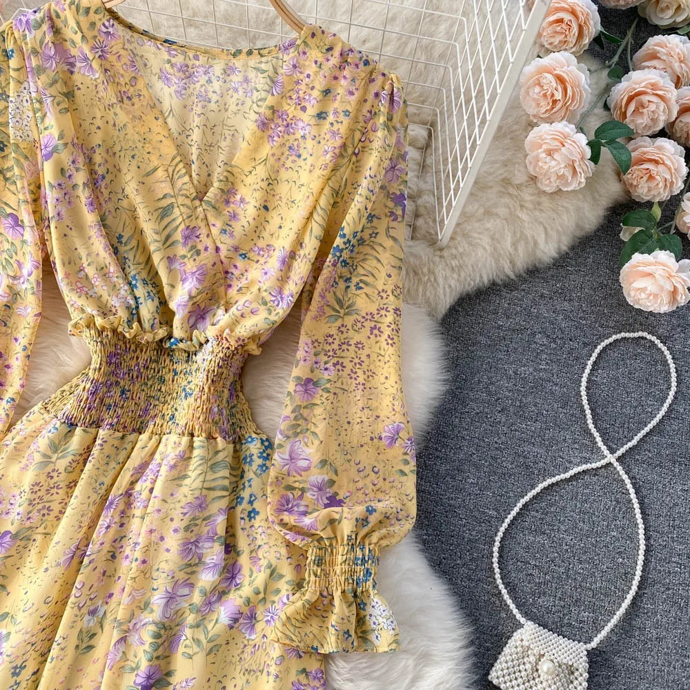 YuooMuoo 2025 Spring Summer Long Sleeve Chiffon Dresses Fashion Female Elastic Waist Pleated Long Dress Women Print Floral Dress