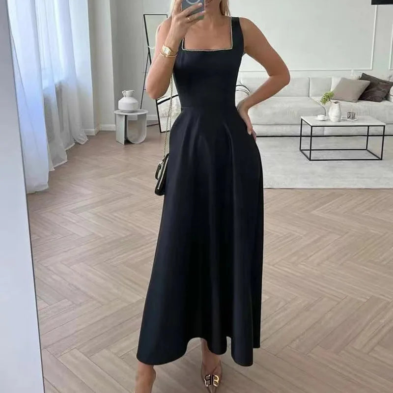 Sexy Suspender Backless Women Party Long Dress Fashion Sleeveless Big Hem Ruffle Dress Ladies Elegant O-neck Solid Slim Dresses