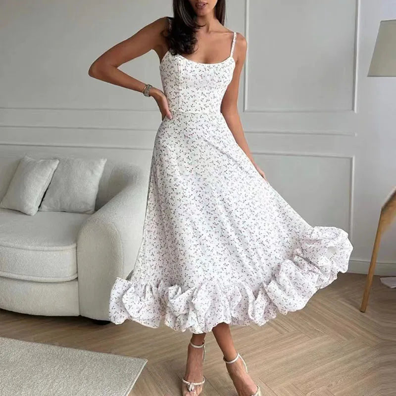 Sexy Suspender Backless Women Party Long Dress Fashion Sleeveless Big Hem Ruffle Dress Ladies Elegant O-neck Solid Slim Dresses
