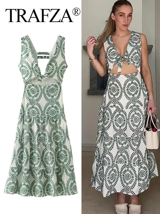 TRAFZA Women Fashion Embroidery Dress Sexy Hollow Out V Neck Backless Sleeveless Dresses Summer Woman A Line Long Dress Y2K