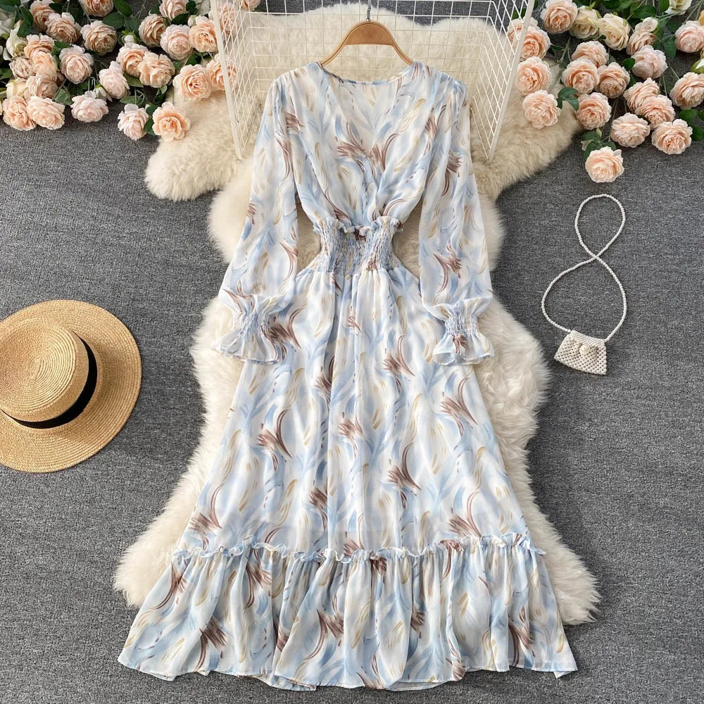 YuooMuoo 2025 Spring Summer Long Sleeve Chiffon Dresses Fashion Female Elastic Waist Pleated Long Dress Women Print Floral Dress