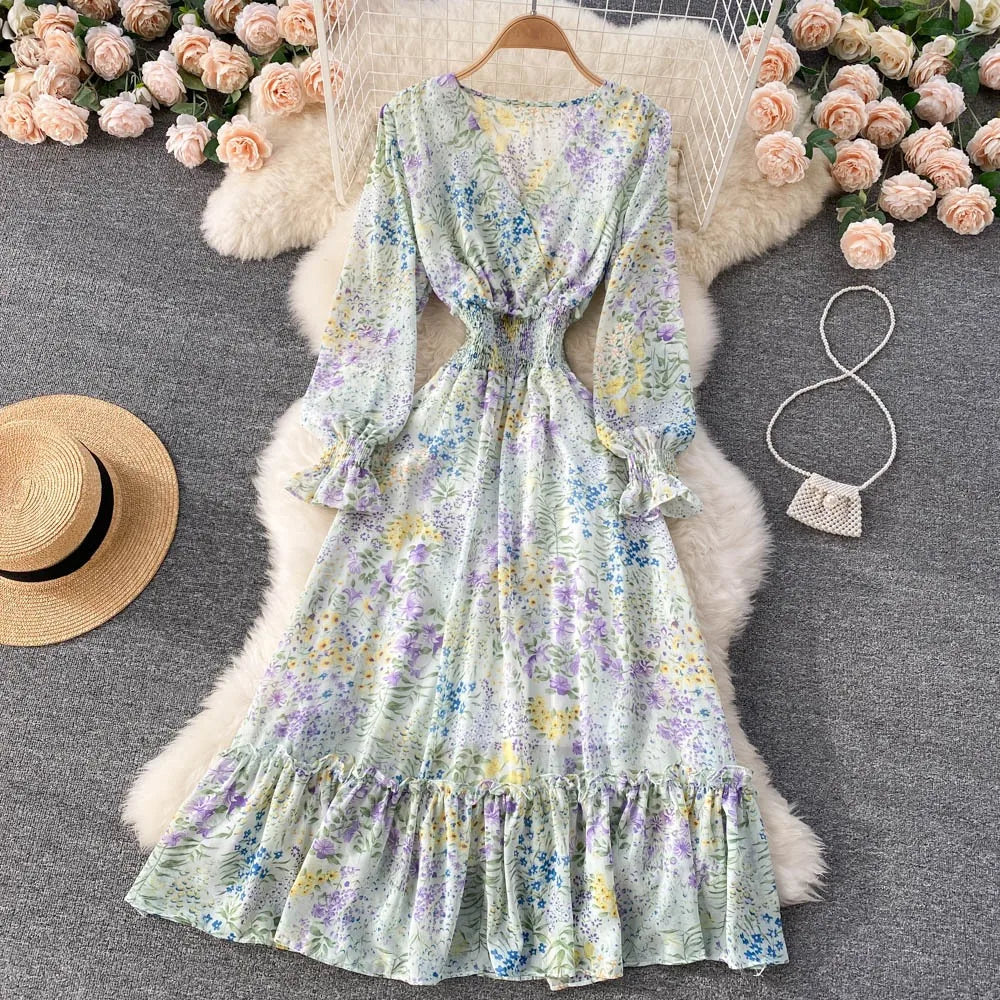 YuooMuoo 2025 Spring Summer Long Sleeve Chiffon Dresses Fashion Female Elastic Waist Pleated Long Dress Women Print Floral Dress