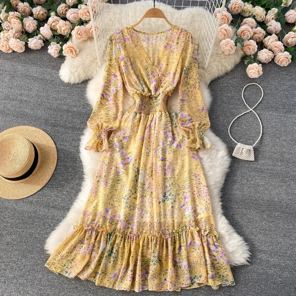 YuooMuoo 2025 Spring Summer Long Sleeve Chiffon Dresses Fashion Female Elastic Waist Pleated Long Dress Women Print Floral Dress