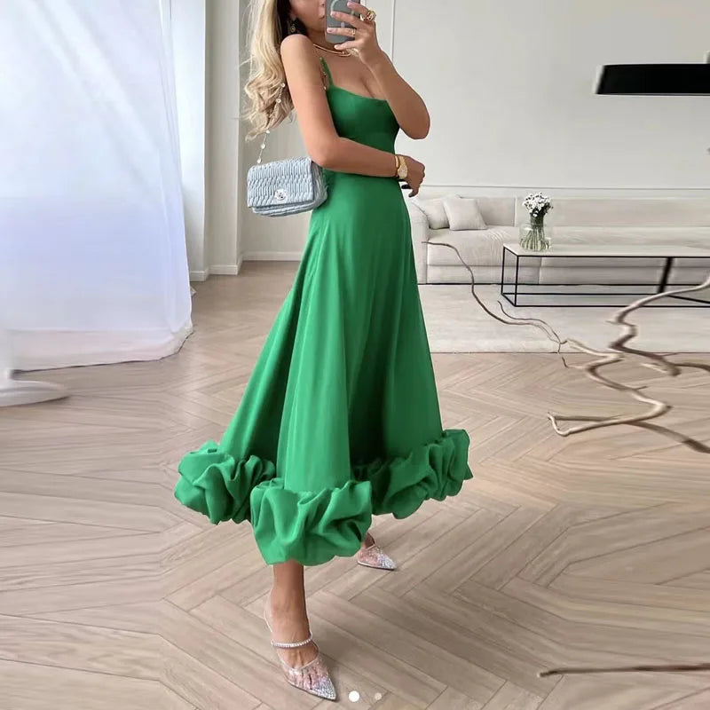 Sexy Suspender Backless Women Party Long Dress Fashion Sleeveless Big Hem Ruffle Dress Ladies Elegant O-neck Solid Slim Dresses
