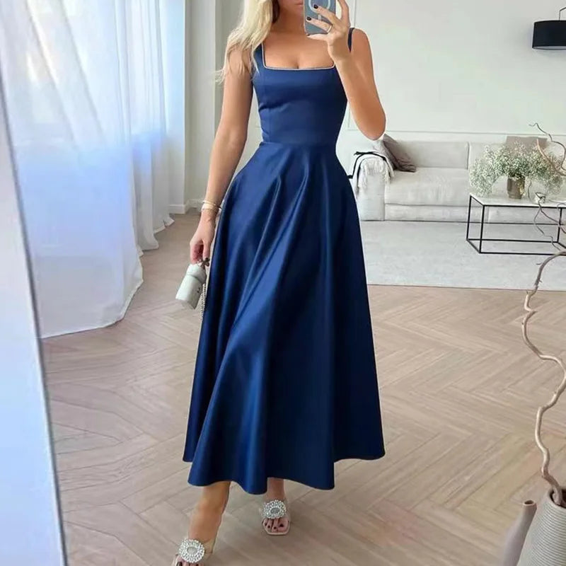 Sexy Suspender Backless Women Party Long Dress Fashion Sleeveless Big Hem Ruffle Dress Ladies Elegant O-neck Solid Slim Dresses
