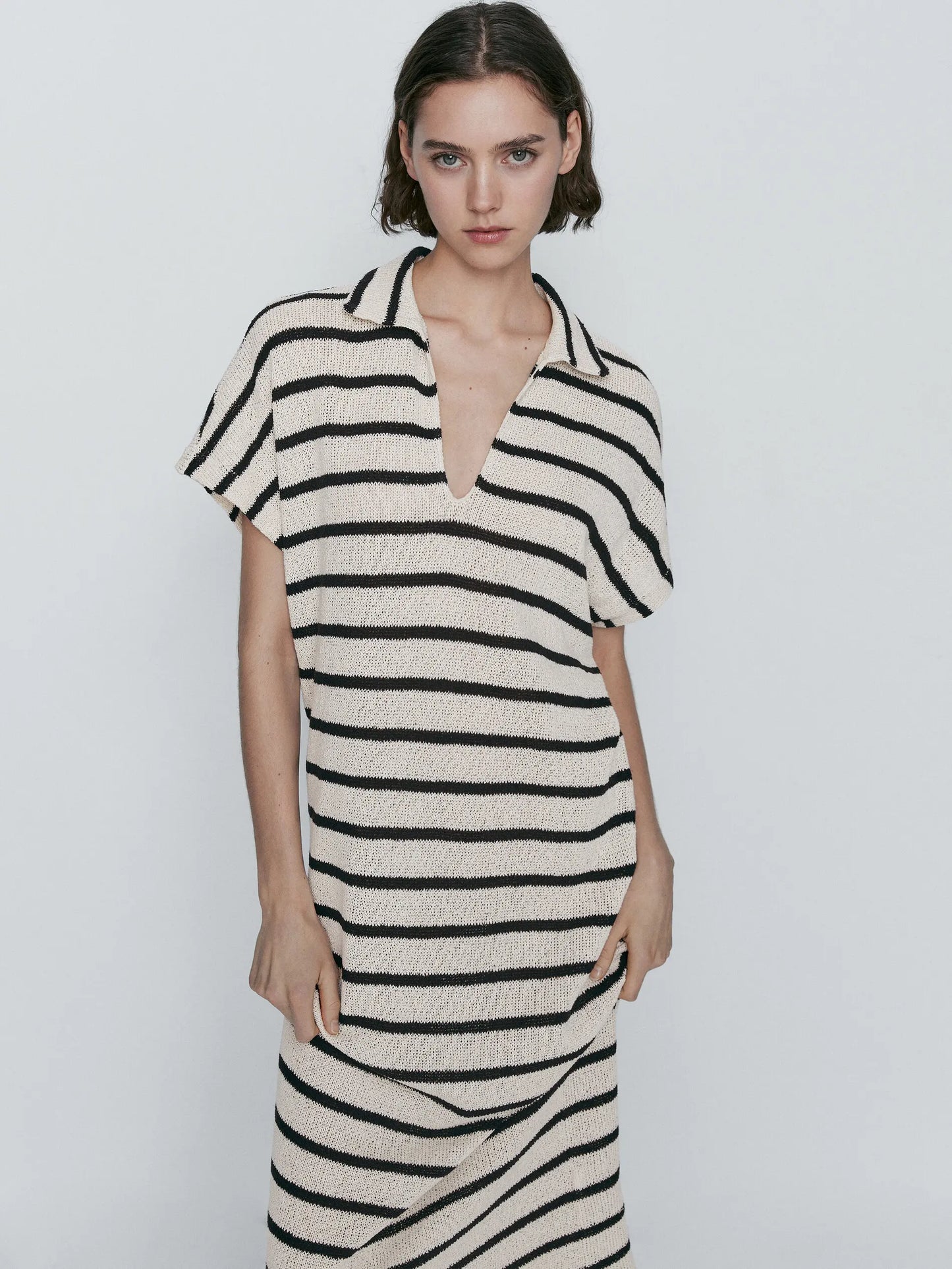 Ethereal MD 2025 massidutti spring new style of Cotton blend casual striped POLO neck long dress