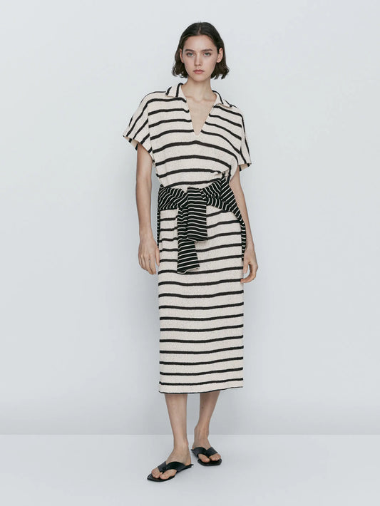 Ethereal MD 2025 massidutti spring new style of Cotton blend casual striped POLO neck long dress