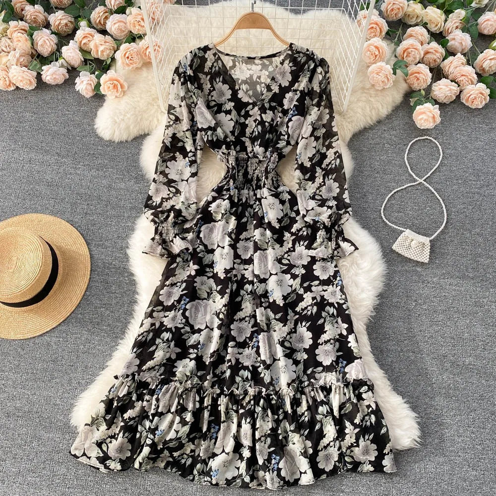 YuooMuoo 2025 Spring Summer Long Sleeve Chiffon Dresses Fashion Female Elastic Waist Pleated Long Dress Women Print Floral Dress