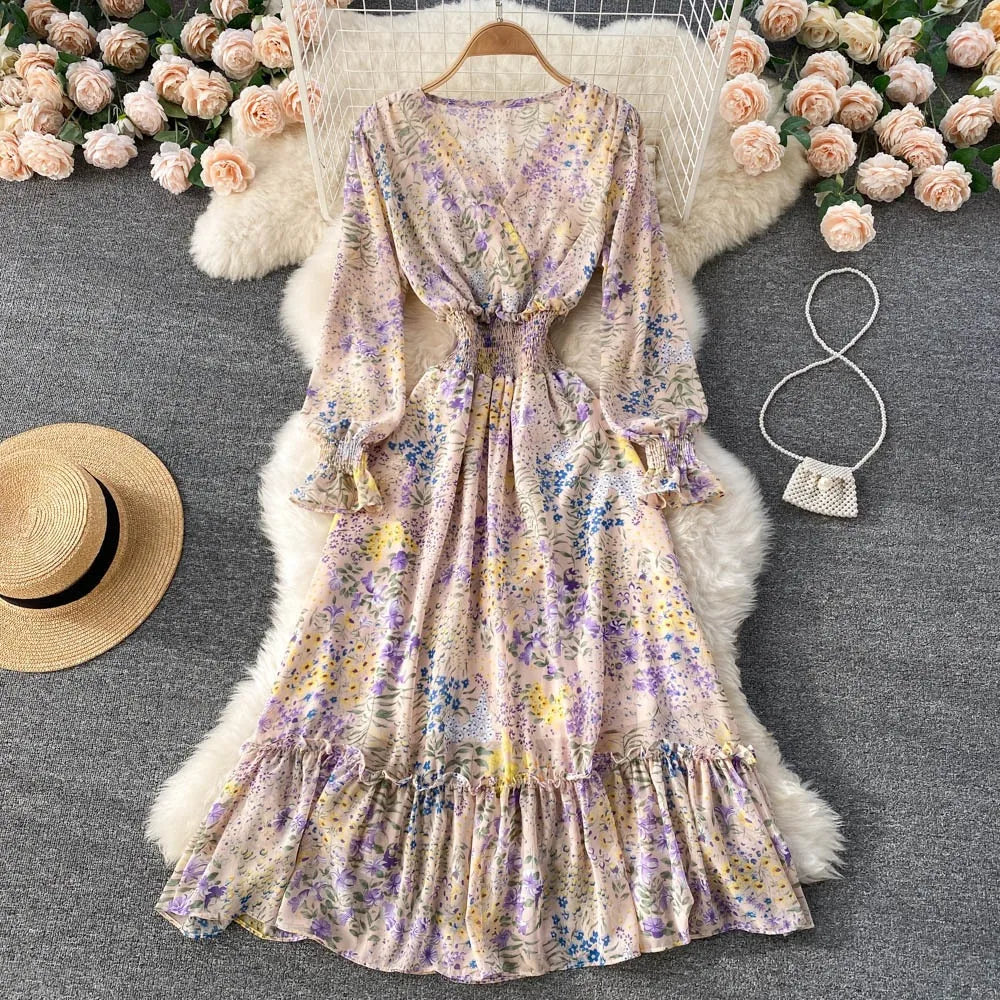 YuooMuoo 2025 Spring Summer Long Sleeve Chiffon Dresses Fashion Female Elastic Waist Pleated Long Dress Women Print Floral Dress