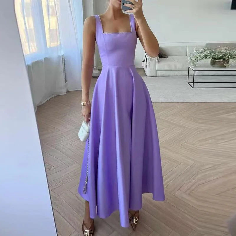 Sexy Suspender Backless Women Party Long Dress Fashion Sleeveless Big Hem Ruffle Dress Ladies Elegant O-neck Solid Slim Dresses