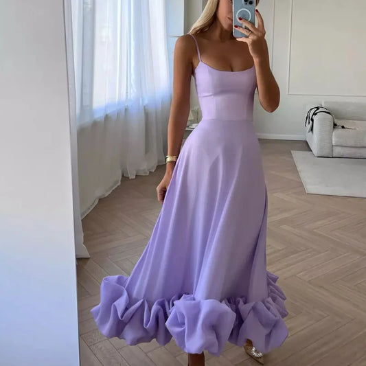 Sexy Suspender Backless Women Party Long Dress Fashion Sleeveless Big Hem Ruffle Dress Ladies Elegant O-neck Solid Slim Dresses