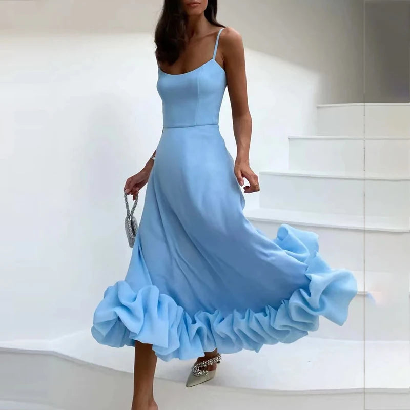 Sexy Suspender Backless Women Party Long Dress Fashion Sleeveless Big Hem Ruffle Dress Ladies Elegant O-neck Solid Slim Dresses