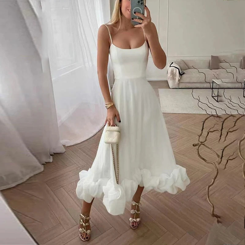 Sexy Suspender Backless Women Party Long Dress Fashion Sleeveless Big Hem Ruffle Dress Ladies Elegant O-neck Solid Slim Dresses